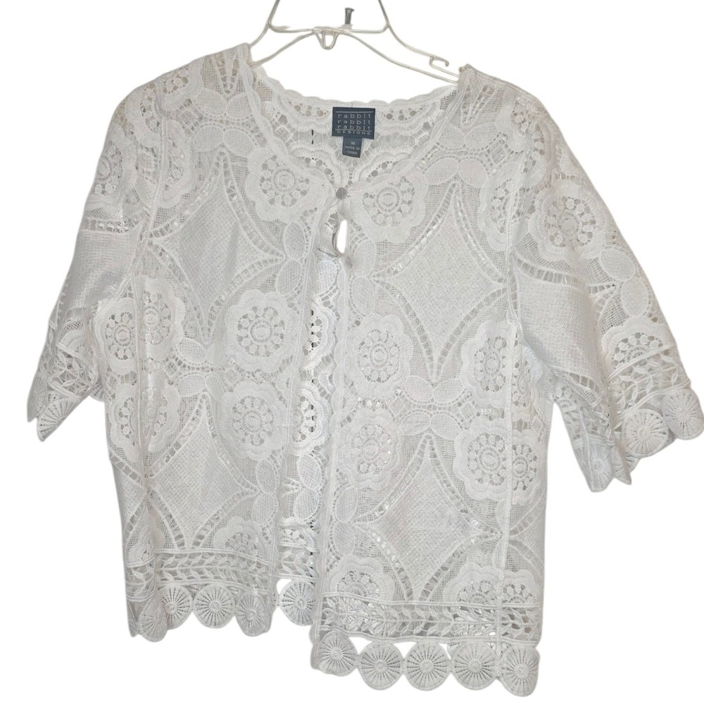 Rabbit Rabbit Designs White Lace Short Sleeve Button Front Cardigan Jacket Med